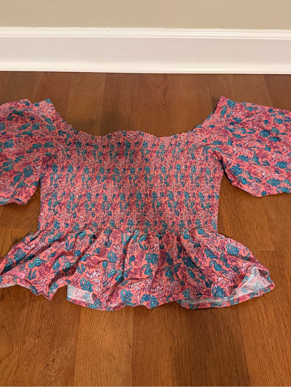 Simply Southern Smocked Seahorse Peplum Top Pink Blue Coastal back to school M⁠ - Picture 3 of 9